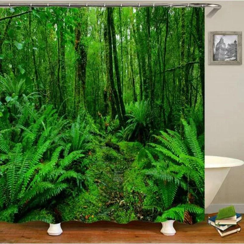 Rideaux de douche Paysage Forestier Plantes Tropicales Vertes Arbre de Palmier Fleurs Feuilles Jardin Scenery Naturelle Rideau de Bain Décor de Salle de Bain