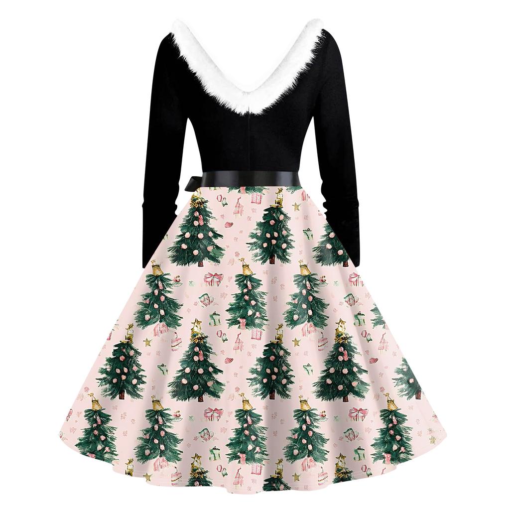 Women's Fashion V-Neck Casual Slim Christmas Printed Long Sleeve Hair Collar Dresses