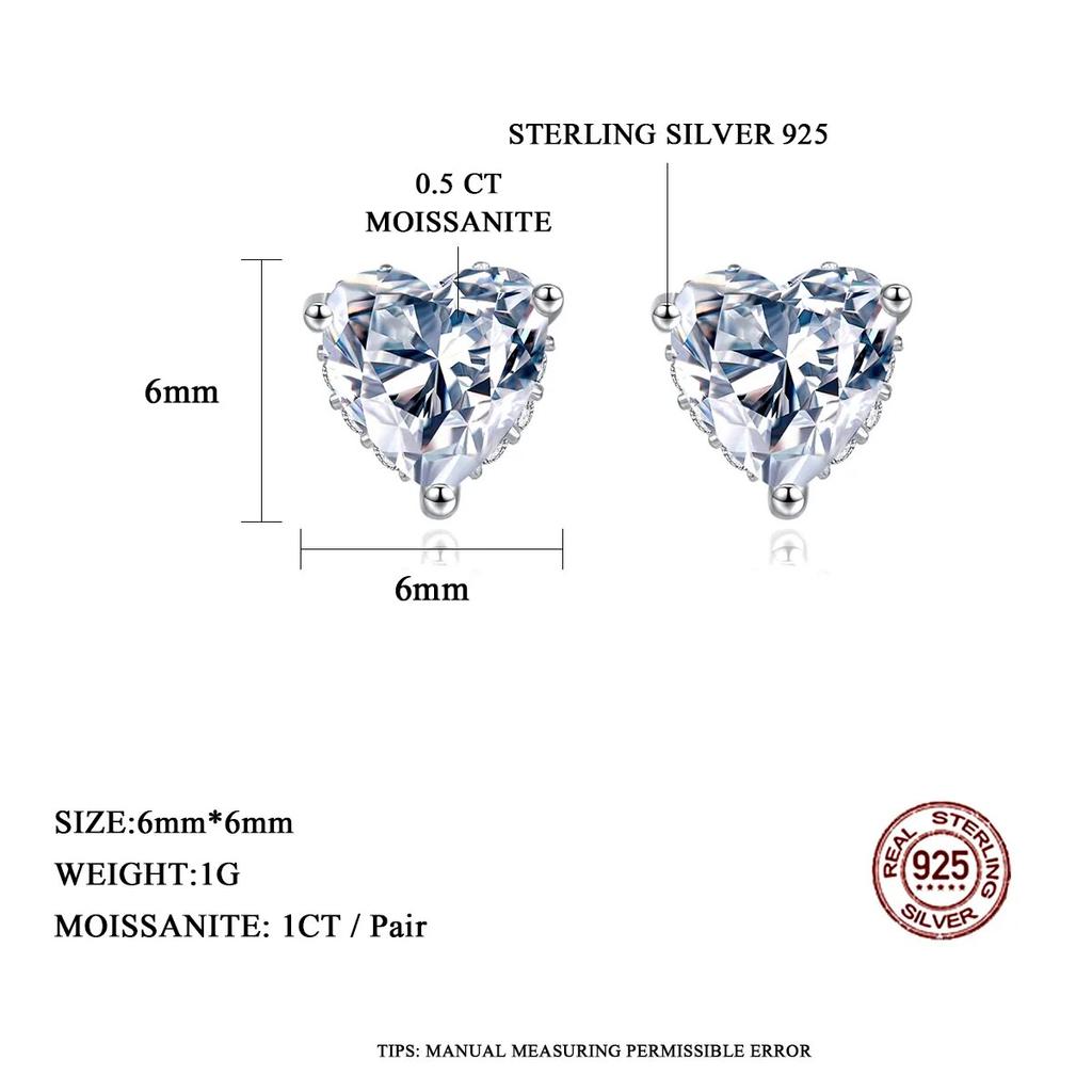 D Color 1CT Moissanite Earrings Heart Created Diamond Stone Genuine 925 Silver Women Elegant Luxury Jewelry Gift