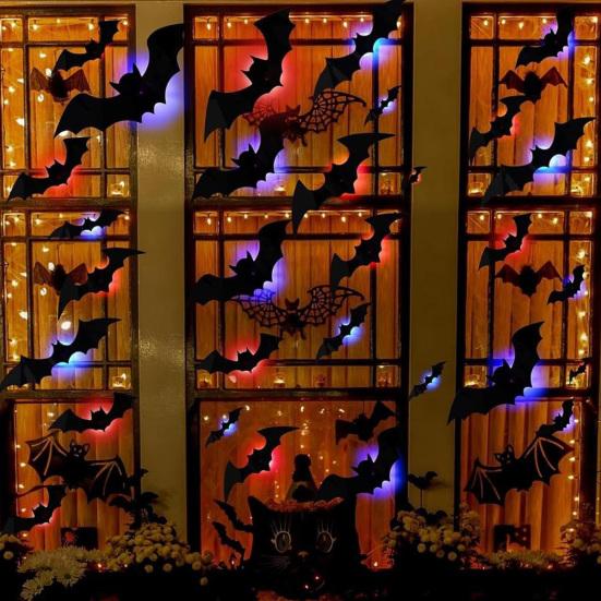 LED Wall Lamp Halloween Stickers, Glow-in-the-Dark Bat & Spider Decorations, Battery-Powered Hanging Ornaments Decor for Haunted House Party,
