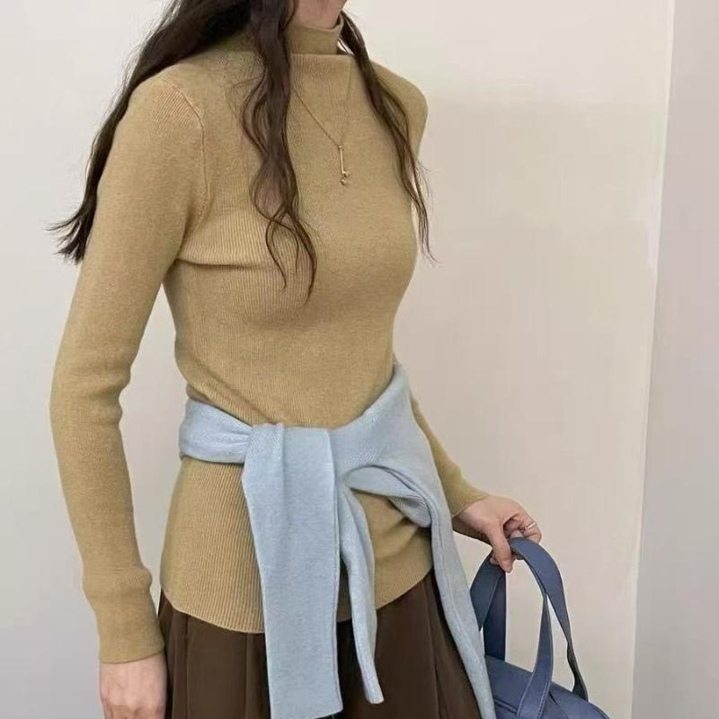 

Корейский Минималистичный Свитер с Полувысоким Воротником Вязаный Топ Женский Осень Зима Однотонный Приталенный Многослойный Универсальный Базовый Слой One Size хаки