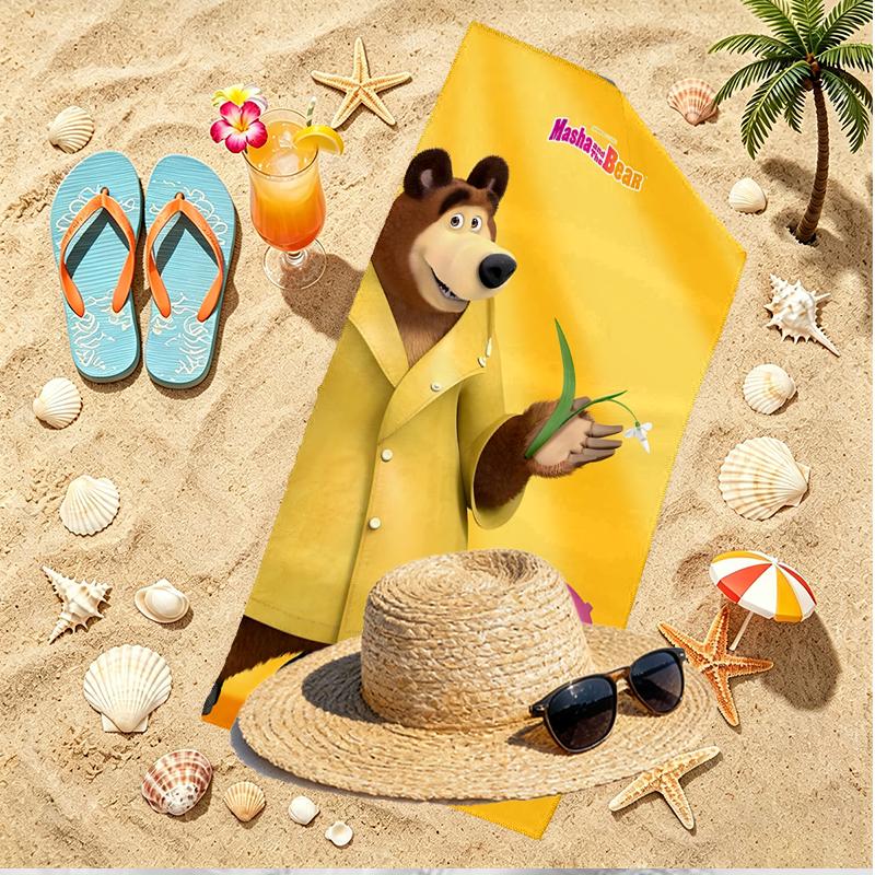 Masha and The Bear Print Beach Towel, Versatile Lightweight Absorbent Beach Towel for Pool Surf Yoga Bathroom, Perfect Birthday Holiday Gift