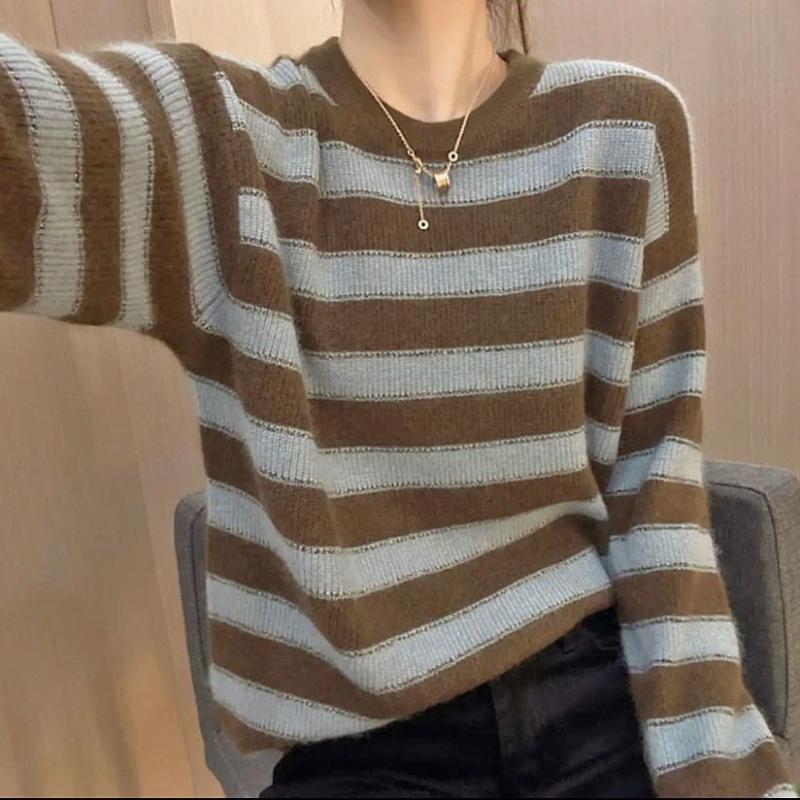 

Корейская мода Осенние свитера Женские с круглым вырезом в полоску Контрастные цвета Офисные женские универсальные пуловеры с длинным рукавом Трикотажные топы 4XL коричневый