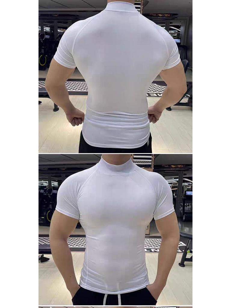 Pánské rychleschnoucí sportovní tričko s vysokým límcem - Krátký rukáv, Odvádějící pot, Přiléhavý střih, Stojáček