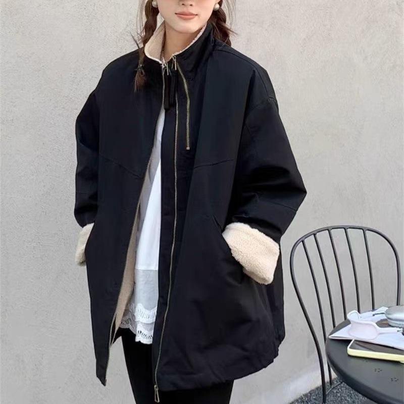 

Medium and long velvet stand-up collar pie overcomes women s coat 2025 autumn and winter double zipper lamb wool loose cotton clothes L 120-145 чорний