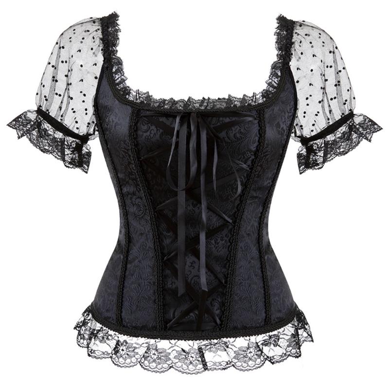 

Overbust Corset Bustier Top Women With off Shoulder Sleeves Plus Size Burlesque Costume Hollow Mesh Floral Sexy Corselet M