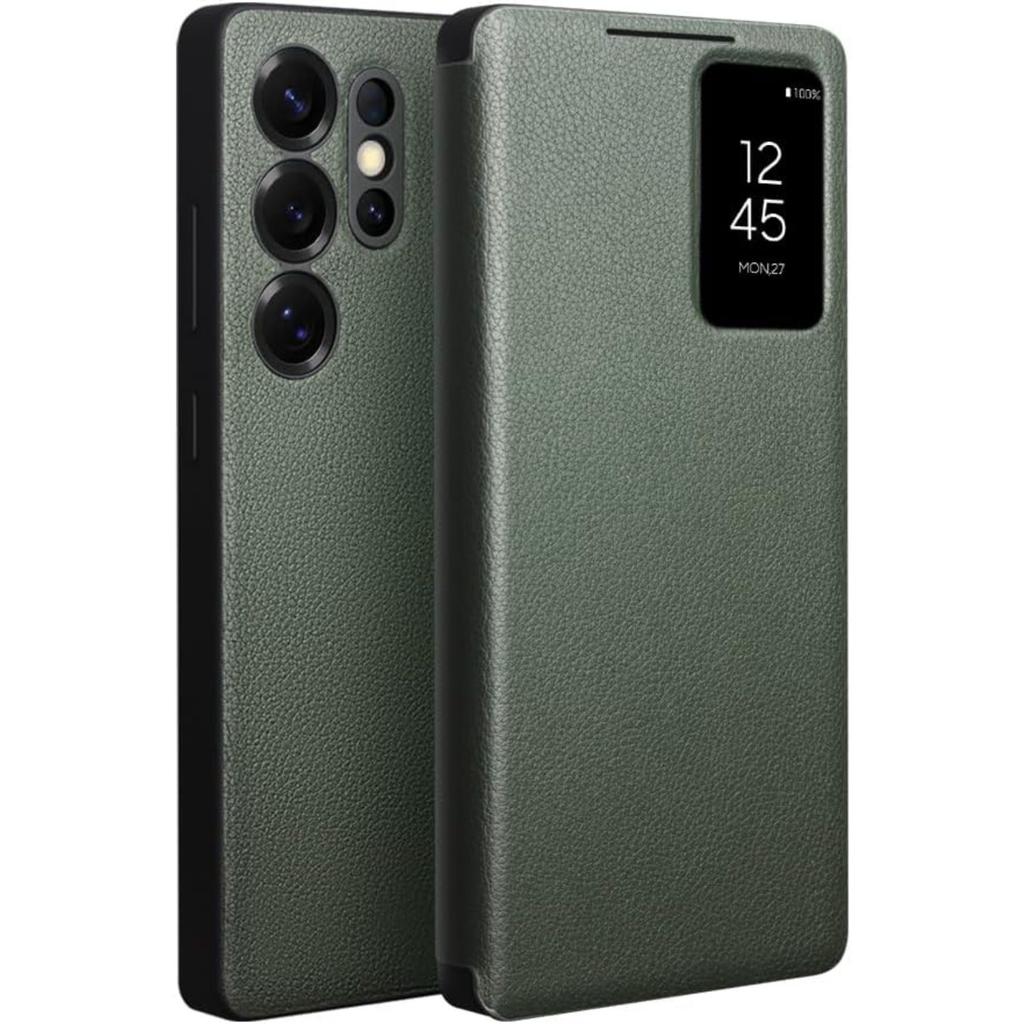 Genuine Leather Smart Case for Samsung Galaxy S25 Ultra Light Phone Cover with Smart View Case for S25 Ultra(Only for S25 Ultra Black)