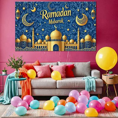 Crescent Moon Banner Blue Background Ramadan Mubarak Banner Ramadan Party Polyester Material Islamic Decoration For Holiday