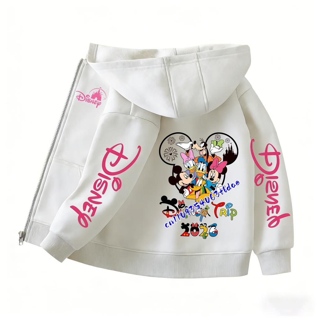 2026 Family Trip Kids Zip Up Hoodie Cute Cartoon Mouse & Friends Graphic Casual Hooded Jacket