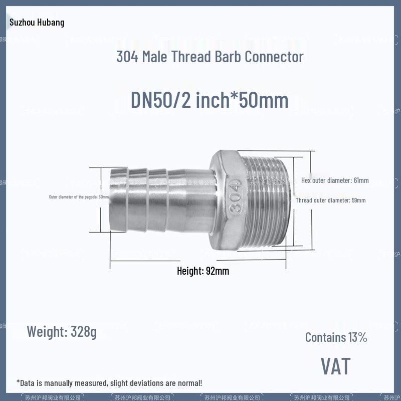 1" Hexagonal Barb Connector, 304 Stainless Steel for Water Pipe Hose, 316 Male Thread Plug