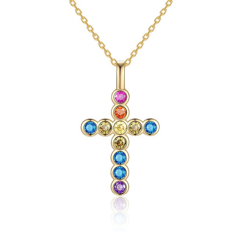 Sterling Colorful Zircon Cross Pendant Necklace Women Trendy Locket Chain Sweet Edgy Style