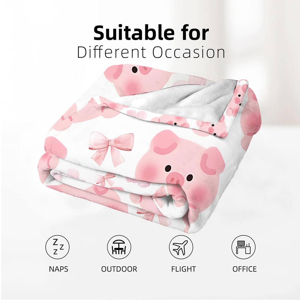 Pink Pig Cherry Blossom Bow Cartoon Anime Print Flannel Blanket Soft Warm Throw for Kids Bedroom Sofa Christmas Office Car