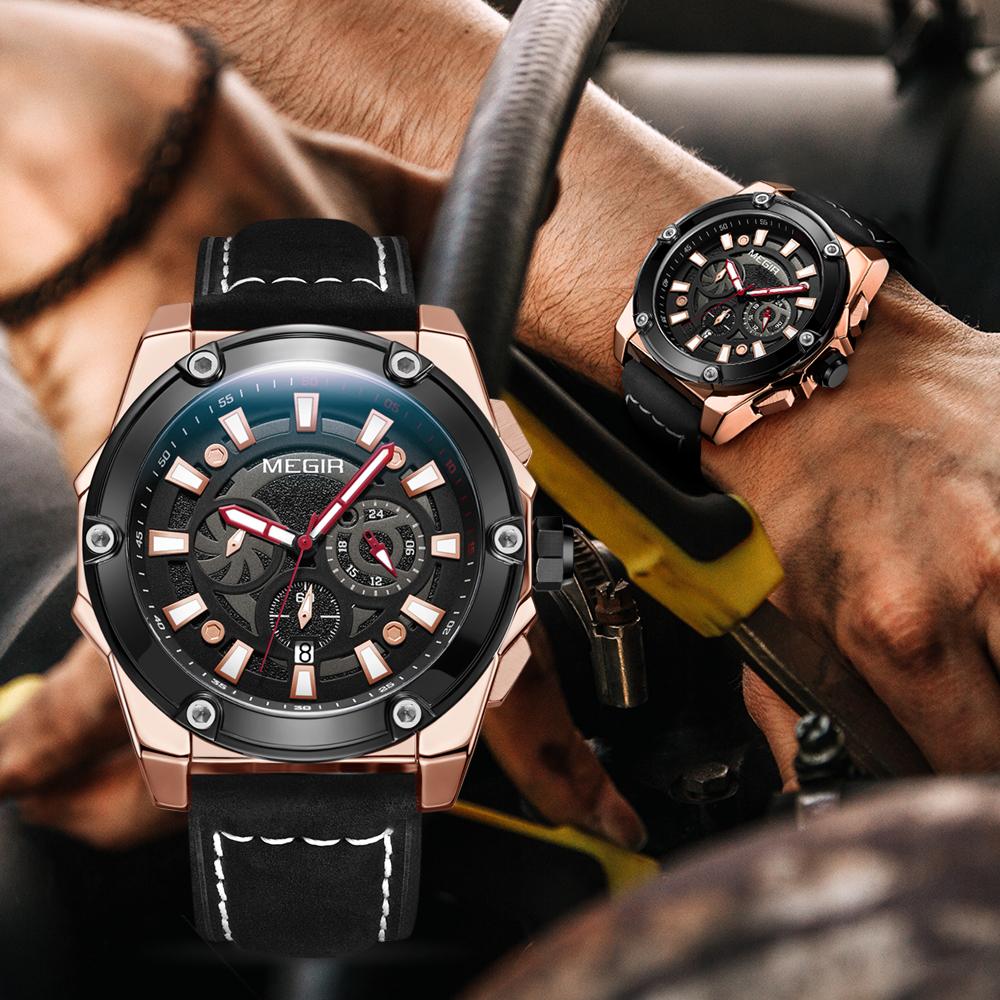 Megir Relojes de cuero originales para hombre, relojes deportivos