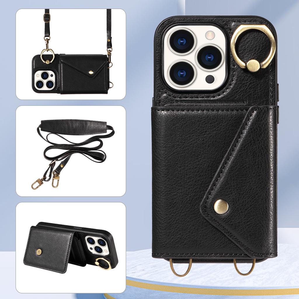 For iPhone 15 Series.for iPhone 15,15 Plus,15 Pro,15 Pro Max Shoulder Strap Rope Ring Bracket Design Card Holder Slots Lichee Pattern Cover Phone Case