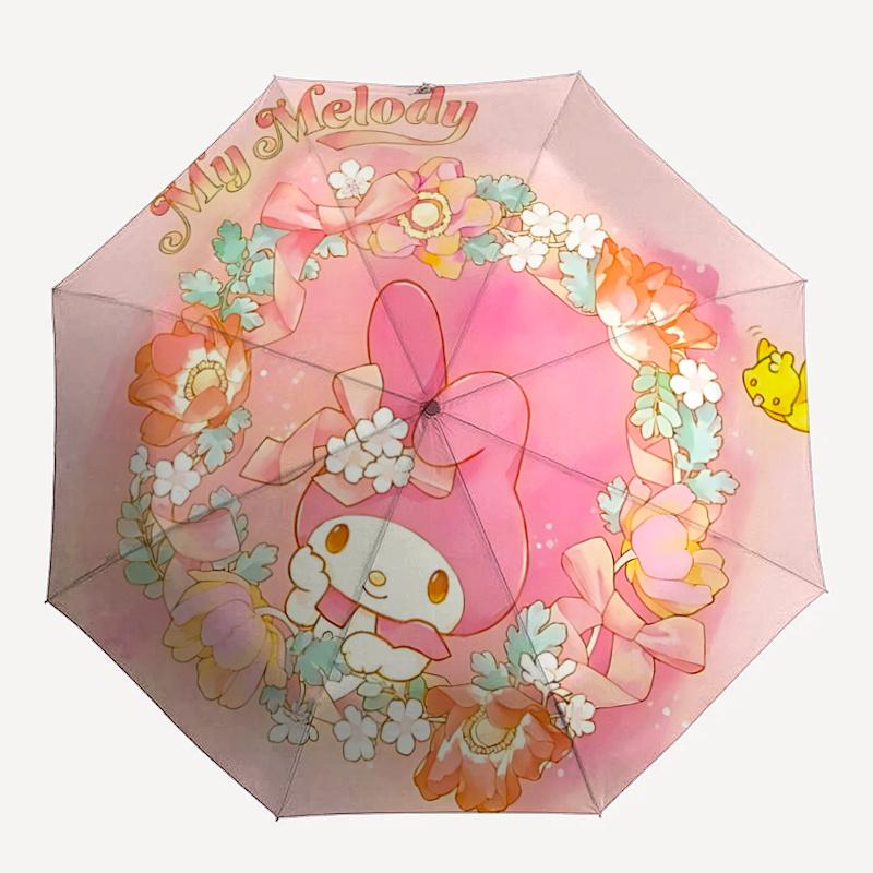 1pc My Melody Floral Wreath Automatic Folding Umbrella - Portable 3-Fold Design with Iron Frame, Perfect for Outdoor Use, Festive Gifts, Travel, Daily