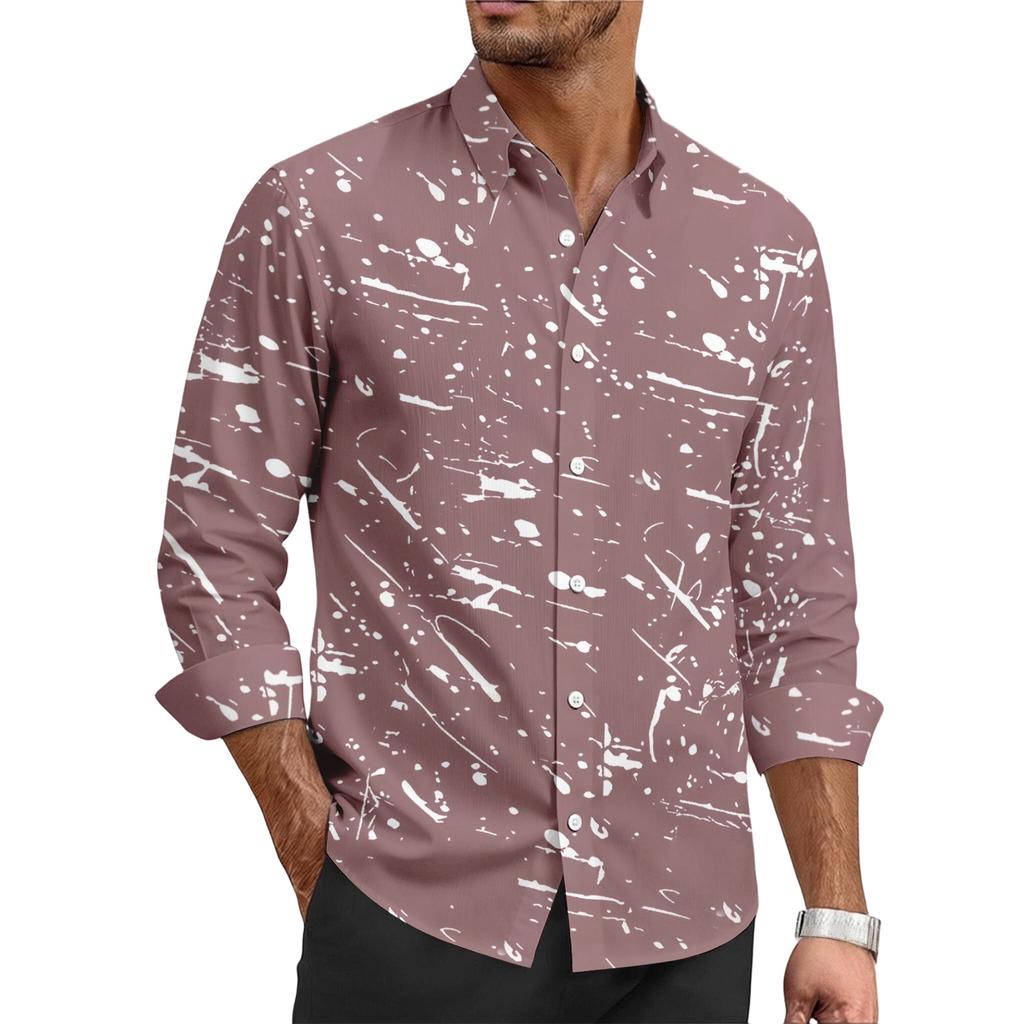 Men's casual stylish ink-blurry texture printed shirt - Men's lapel buttoned long-sleeved top