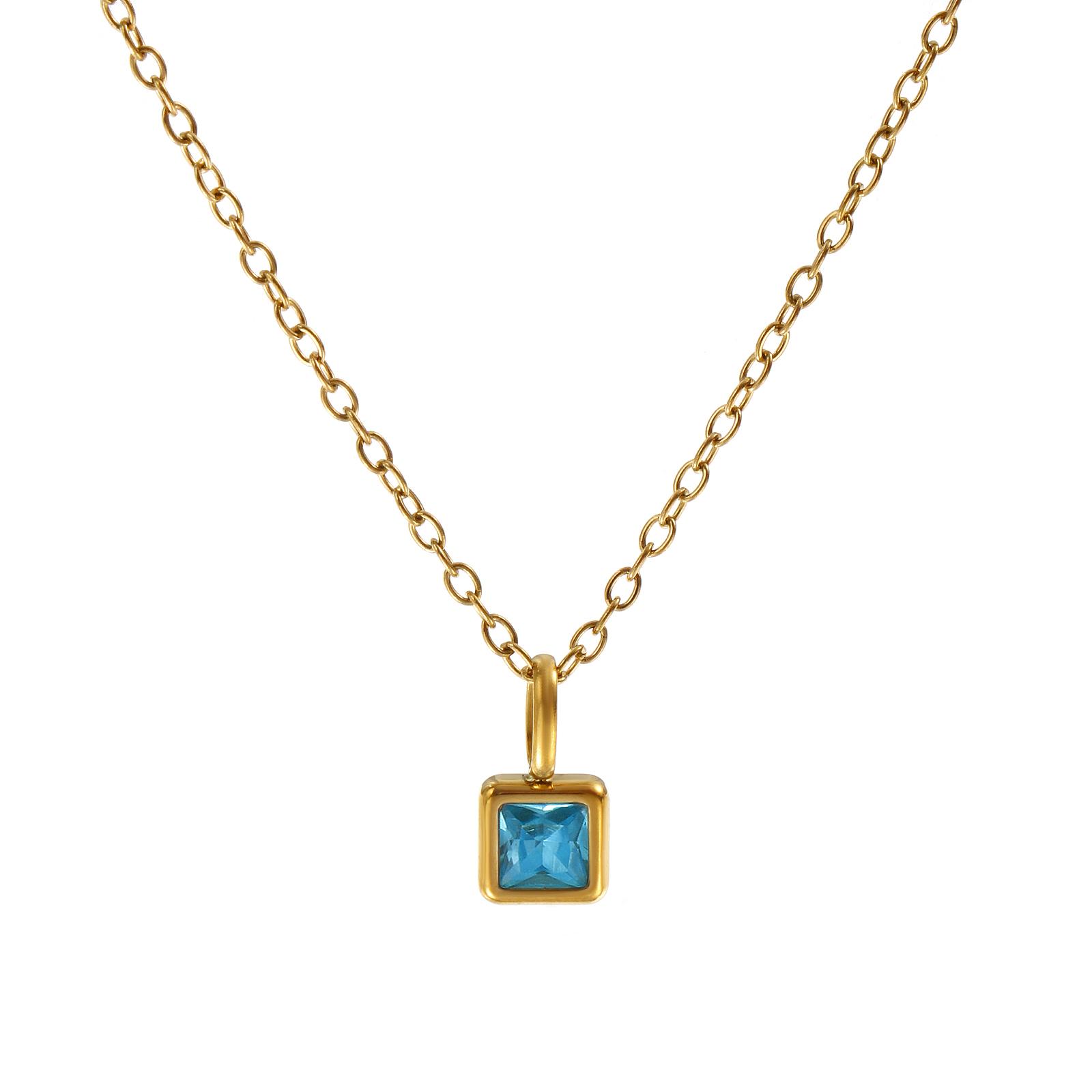 

Square Birthstone Pendant Charm Necklace 304 Stainless Steel & Cubic Zirconia 18K Gold Plated Link Cable Chain For Women Gift