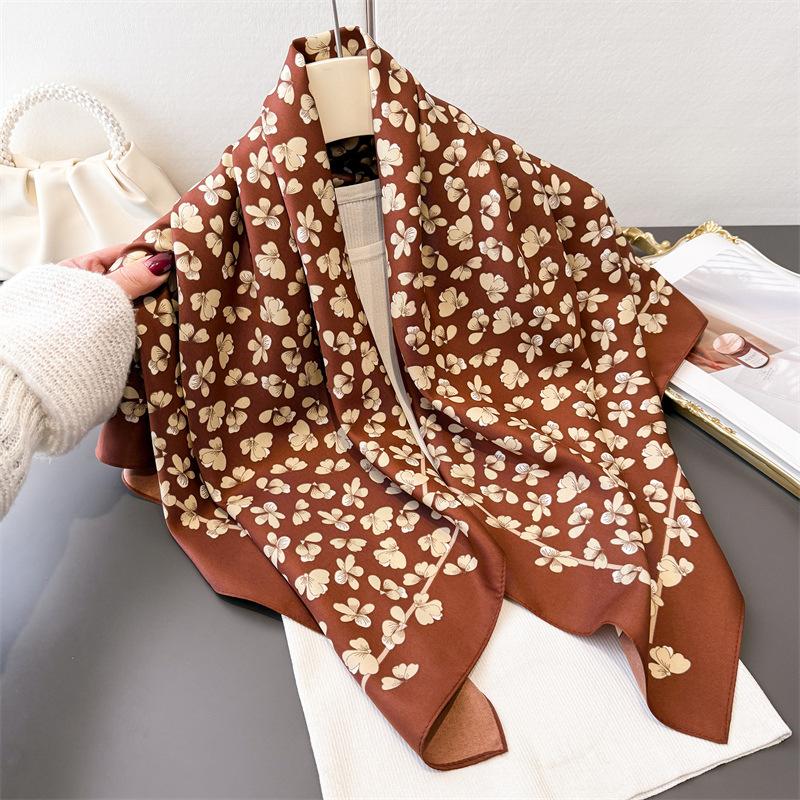 90*90Cm Summer Thin Square Scarf Women Silk Scarves Foulard Bandanas Luxury Beach Shawl Wraps Floral Printed Hijab Neckerchief