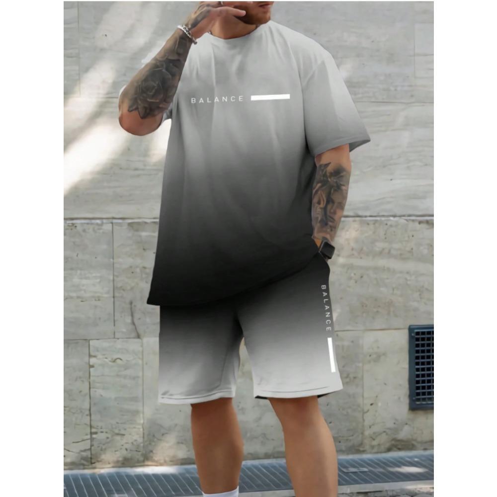 Summer Men's Fashionable Gradient Color 3D Digital Printed Round Neck Short Sleeved Shorts Set Loose Oversized Breathable Comfortable Sports Wear