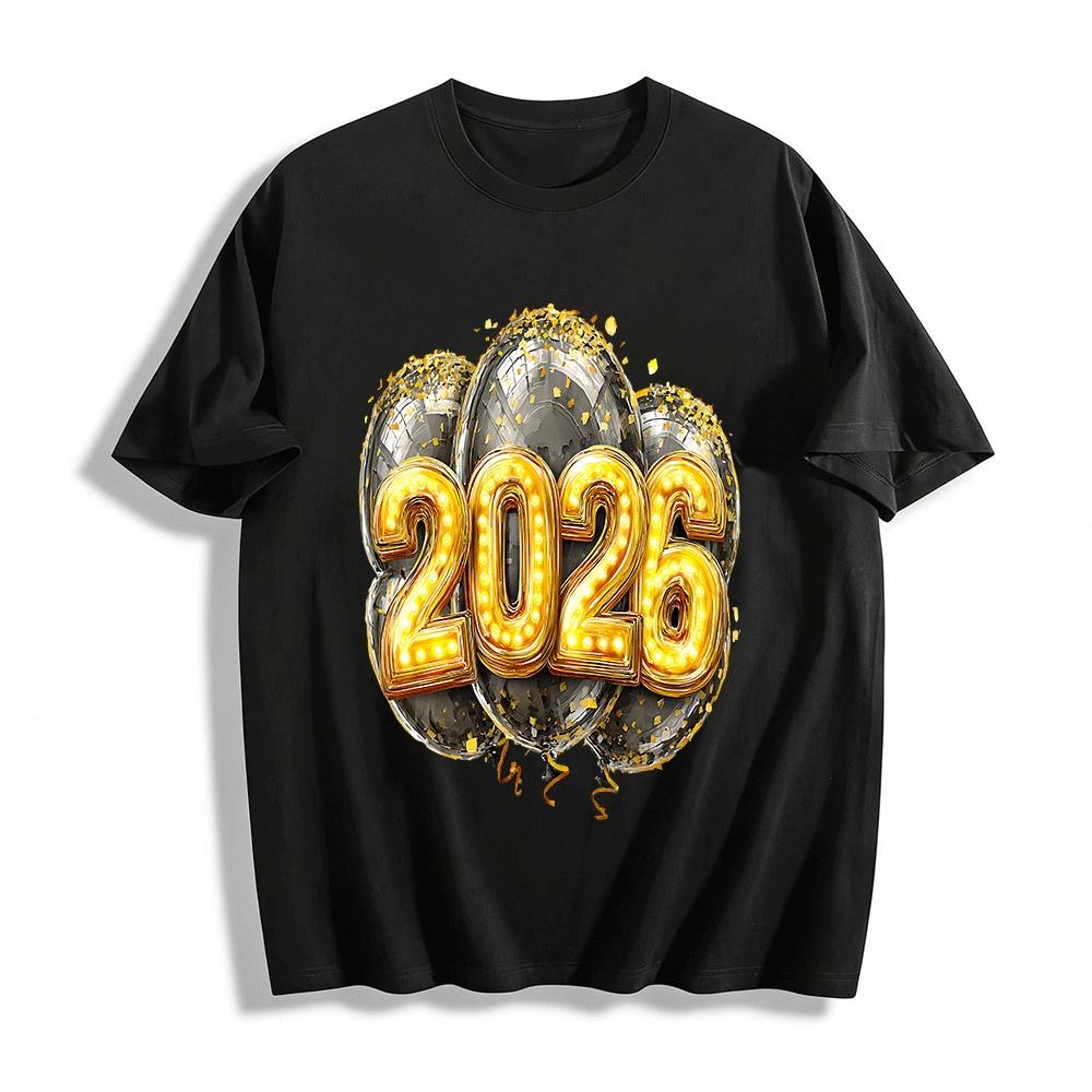 

2026 New Year Party Light-up Number Print Trendy Casual Top Pure cotton T-shirt XXS