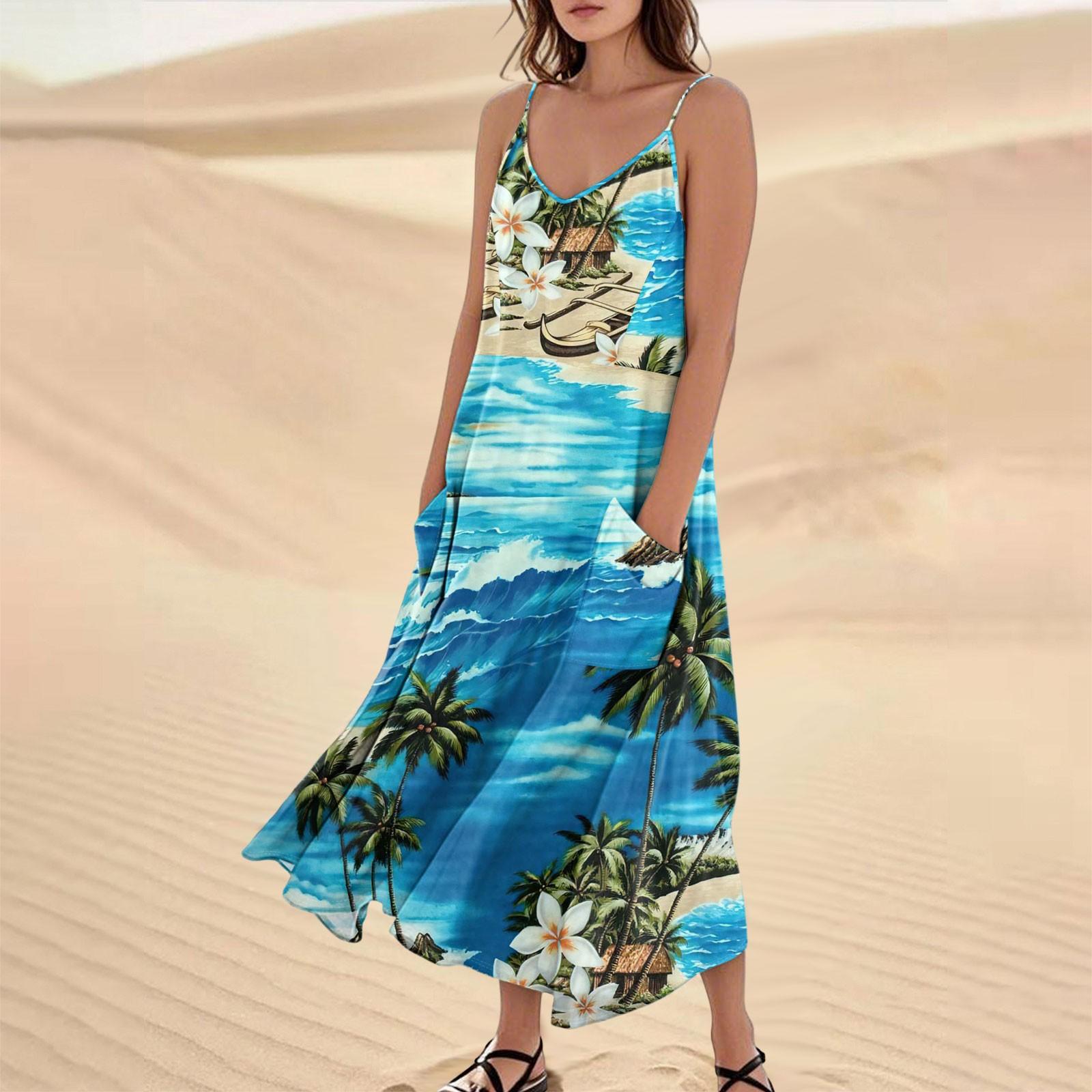 

Women s Casual V Neck Hawaiian Print Sleeveless Pocket Suspender Dress M