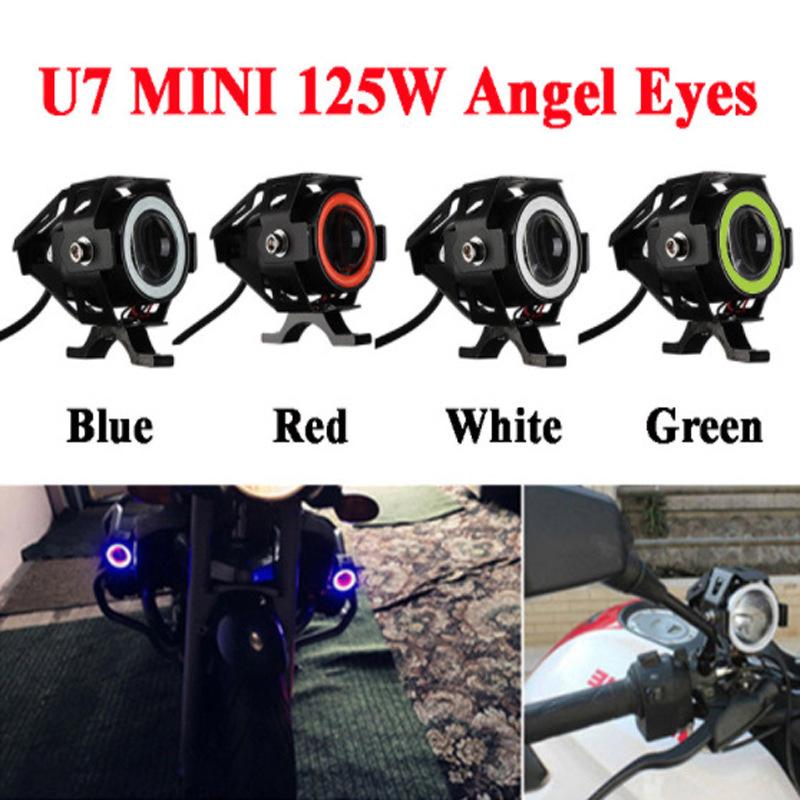 125W LED Auxiliary Motorcycle Headlight Universal 1200LM Angel Eyes U7 Mini Motorcycle Spotlights Bicycle Lamp Accessories