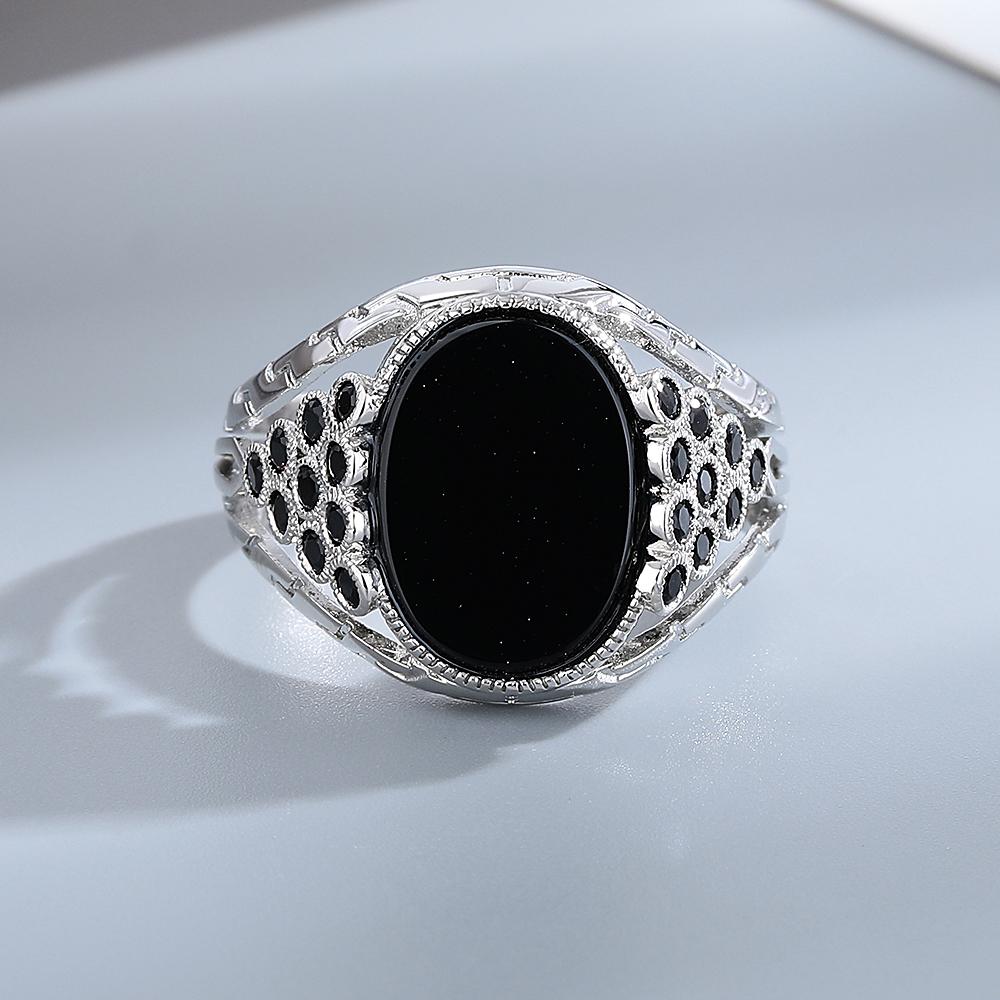 Luxury Black Agate Ring for Men Women CopperPlated Engraved Wide Band Fashion Party Jewelry Gift,Retro Engraved Pattern Band