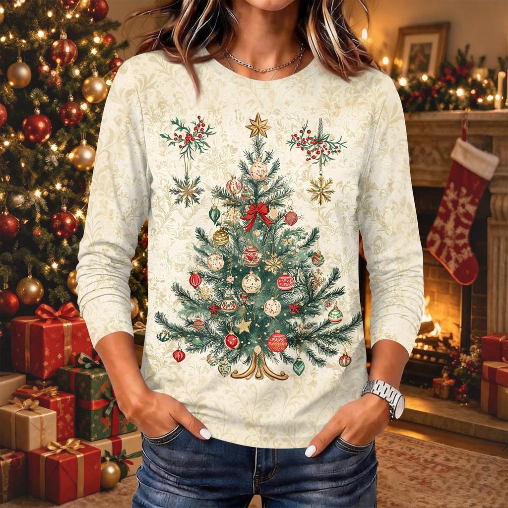 Women's Christmas Print Neck Long Sleeve Pullover Top