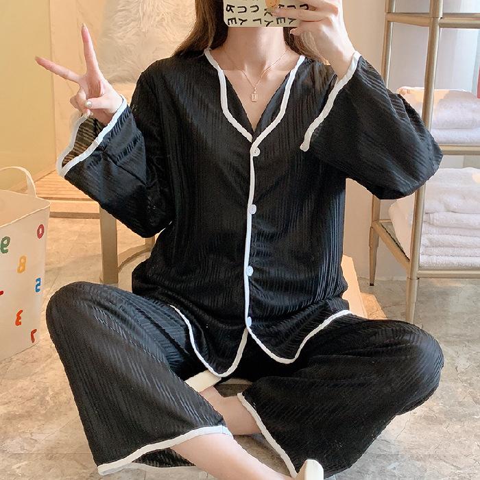 Pigiama Set Loungewear Maniche Lunghe Pantaloni Primavera Autunno da Donna Semplice Bordo Arricciato Largo Studentesca Tuta Larga