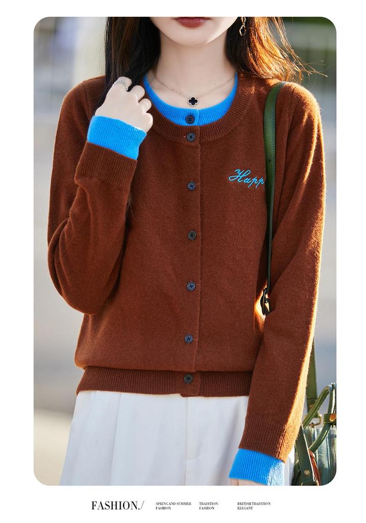 Double-Breasted Faux Two-Piece Cardigan: 2025 Autumn/Winter All-Wool Round Neck Button-Up with Letter Embroidery.