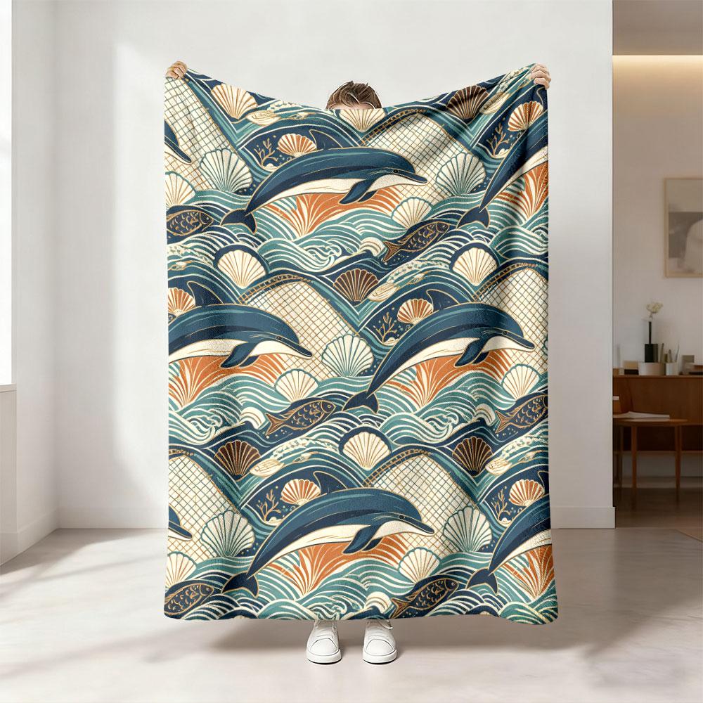 1Pc Retro Wave Dolphin Shell Print Flannel Blanket, 230g Soft Cozy Throw Blanket, Comfort Nap Blanket Suitable For Sofa Couch