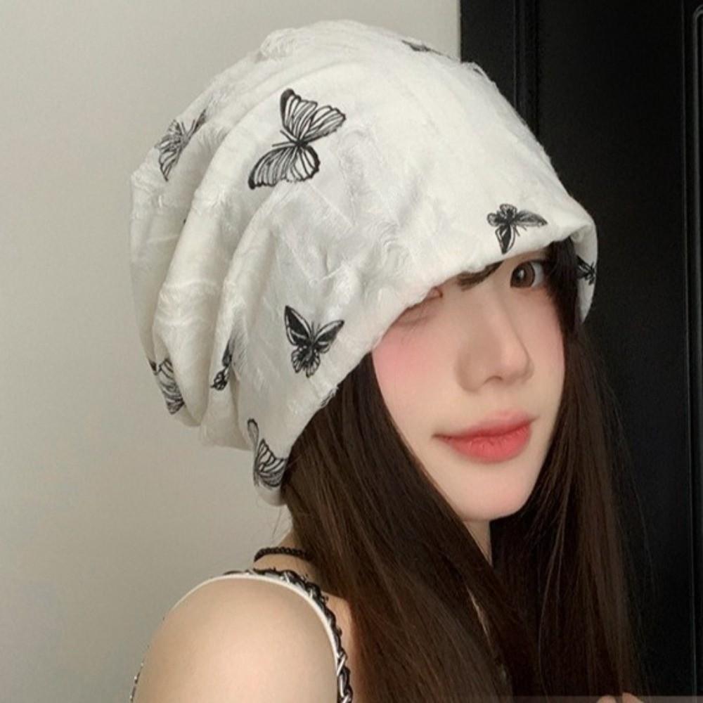 Coldproof Fleece Beanies Holes Plush Pullover Hat Fashion Butterfly Print Beanies Female
