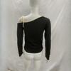 European and American women's autumn diagonal collar bow tie off shoulder solid color top