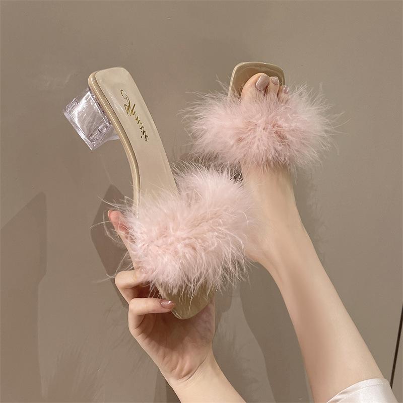 Fashion fluffy cool slippers women's spring and summer 2025 new open-toed square head thin heel high heel net red outer wear half slippers