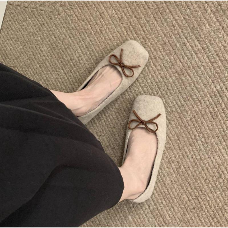 Fashion Woman Casual Square Head Bow Flats Flock Mocasines Ballerina Church Flats Female Suede Elegant Soft Sole Women Shoes