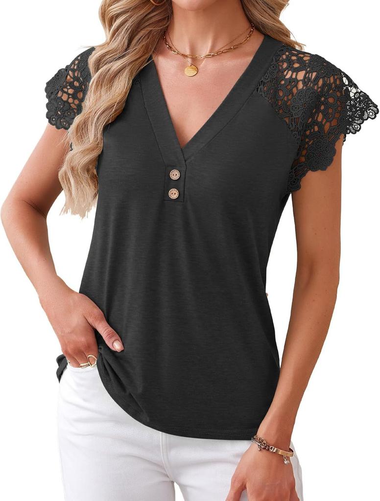 Women S Loose V Neck Short Sleeve Lace Trim Casual Top