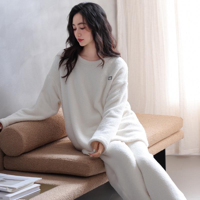 

Женский теплый пижамный комплект из полубархата: Топ с длинным рукавом и брюки, Зимний коралловый флис, Можно носить на улице L (Height 160-165 cm, Weight 110-120 lbs)