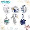 WOSTU 925 Silver DIY Blue Iris Flower Charm Drogonfly Pendant Pink Murano Glass Beads Fit Original Bracelet Necklace