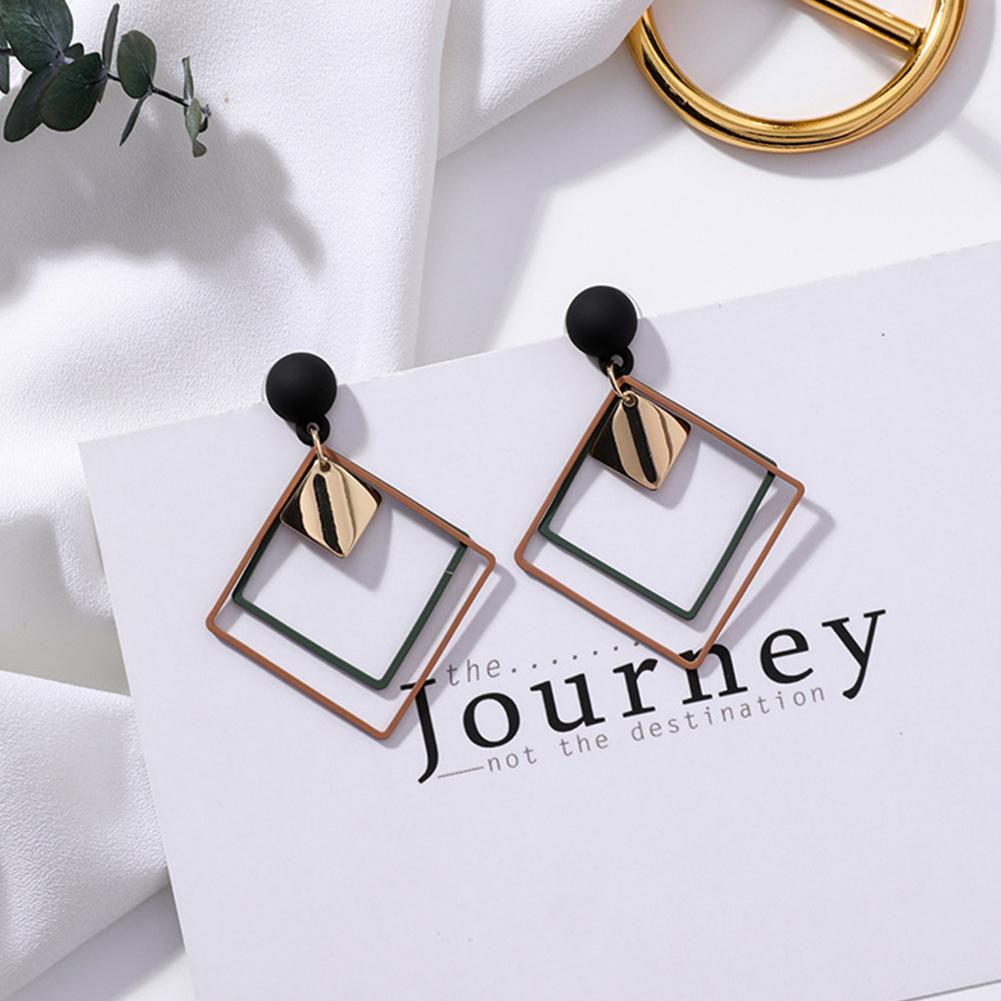 Women Unique Frosted Square Double Layer Geometry Pendant Earrings