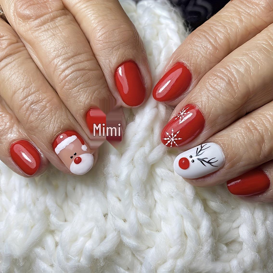 

Almond Press-On Nail Tips - 24 Pieces Christmas Snowflake Santa Claus Design