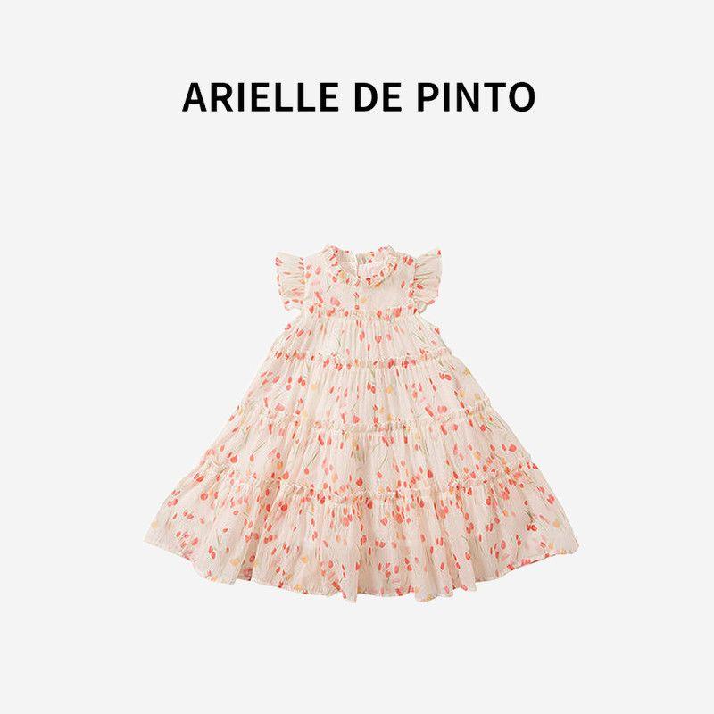 French Arielle De Pinto Girls  Floral Dress, Summer Sweet and Stylish Cute Princess Dress for Girls Apricot Base Pink Flower 130cm