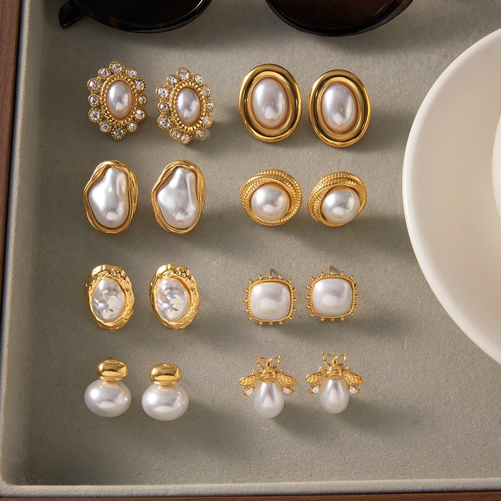 Exquisite Elegant Irregular Resin Pearls Ear Studs 18K PVD Stainless Steel Gold Color Fine Textured Smooth Earrings For W
