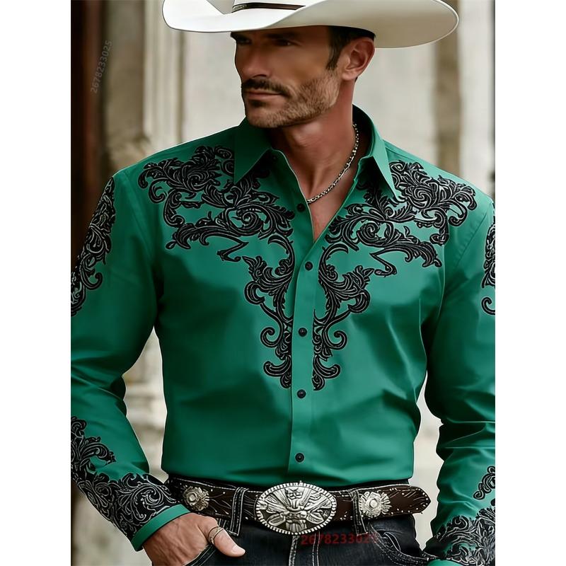 Camicia da uomo stile Western Cowboy, Stampa Fashion, Manica Lunga, Collo a revers Retro, Vestibilità Slim, Camicia Casual da Esterno, Taglie XS-6XL, 21 Colori