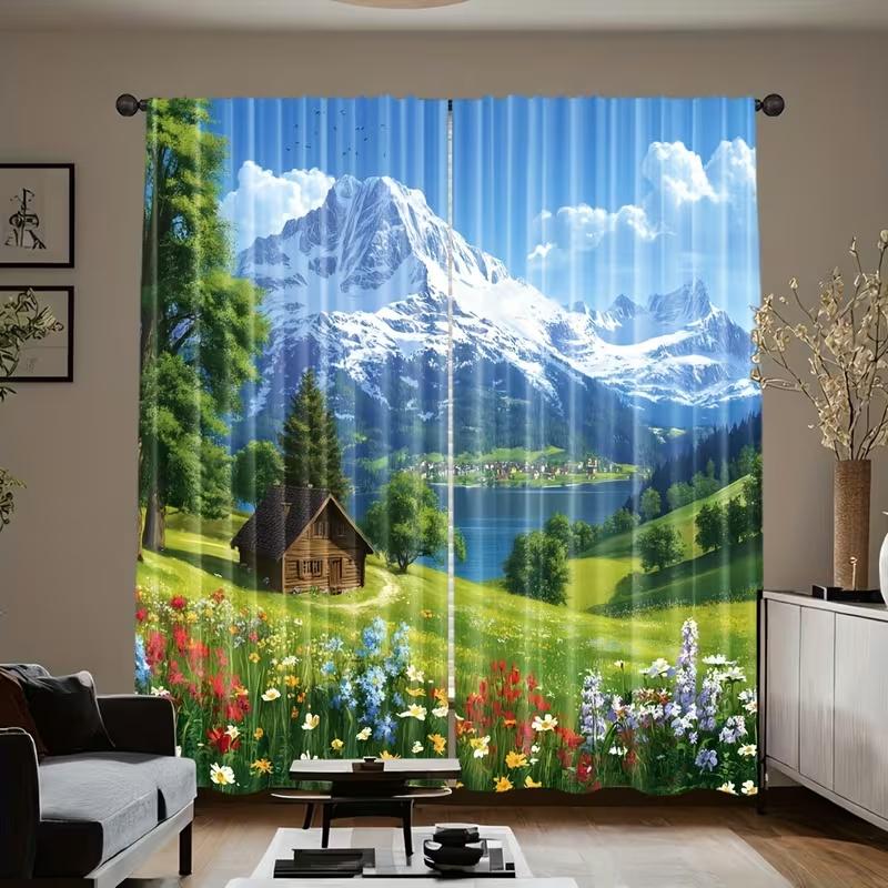 

2pcs -Swiss snow-capped mountains print curtains pole bag curtains home decoration room decoration 100*130 HOOK 1pcs