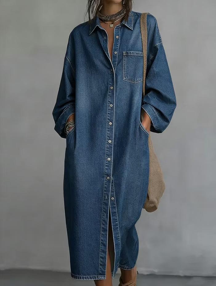 Damen Reverskragen Knopfleiste Hemdkleid Langarm Denim Midi-Kleid mit Taschen
