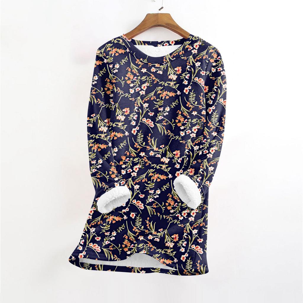 Women's Fashionable Printed Round Neck Long Sleeved Plush Warm Pullover Top