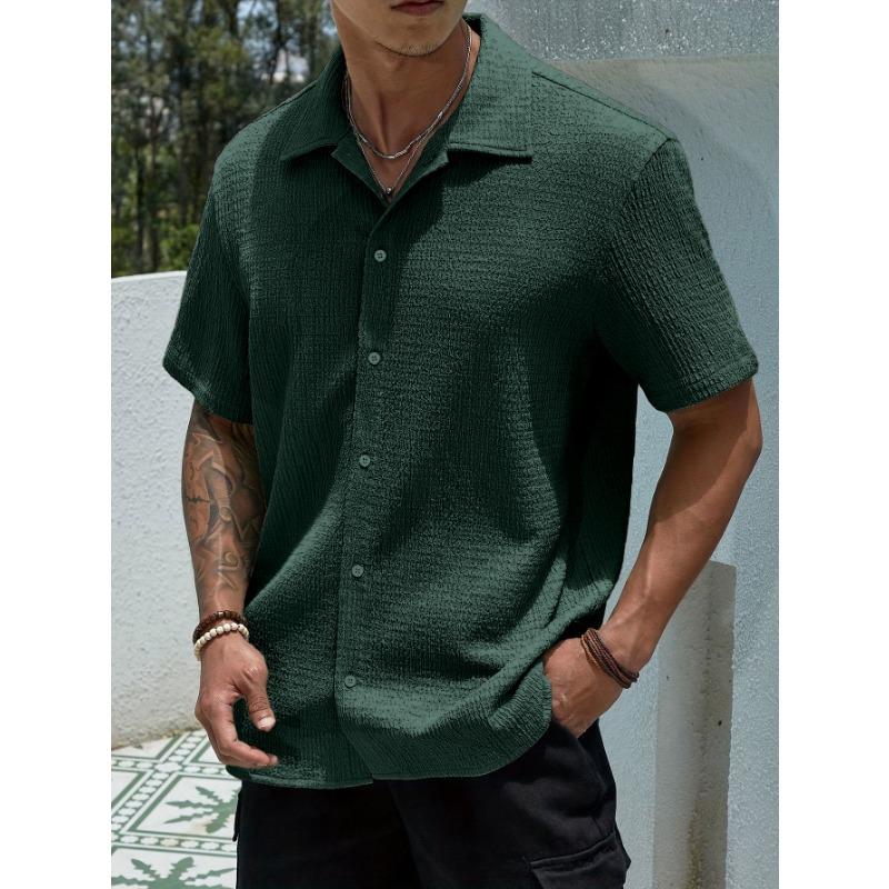Men Notched Lapel Short Sleeve Shirt Crinkle Waffle Texture Full Button Front Loose Vacation Casual Blouse Tops