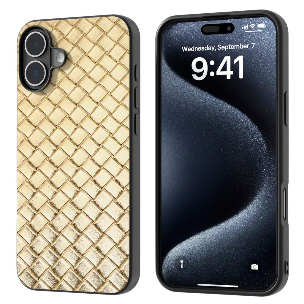 For iPhone 16 Plus Case Woven Texture Leather+PC+TPU Hybrid Phone Cover