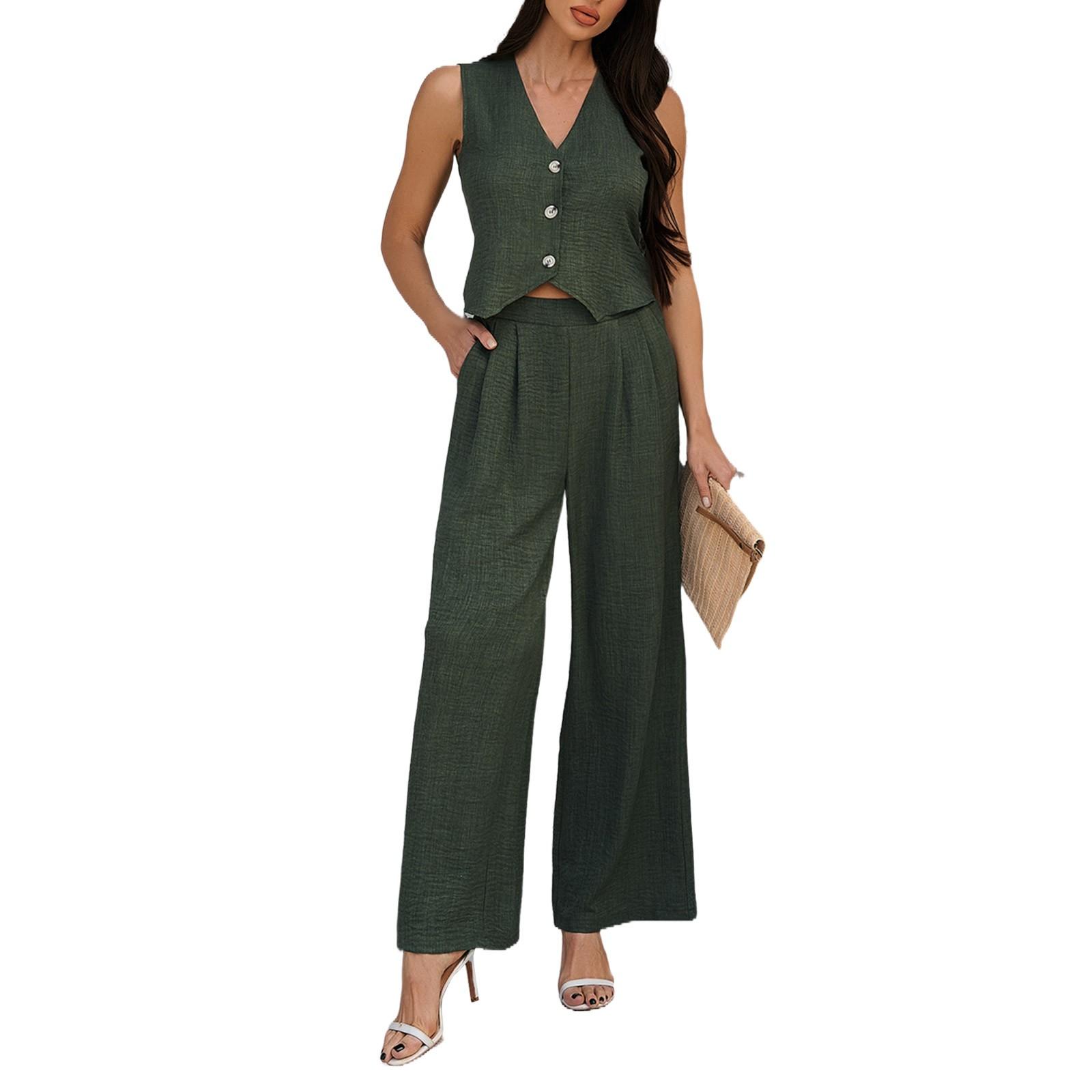 

Женский свободный повседневный однотонный жилет с V-образным вырезом и широкими брюками, комплект из жилета и широких брюк XL