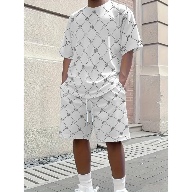 Men's Summer Sports Set] 2pcs Men's Printed Round Neck T-Shirt & Drawstring Shorts Set